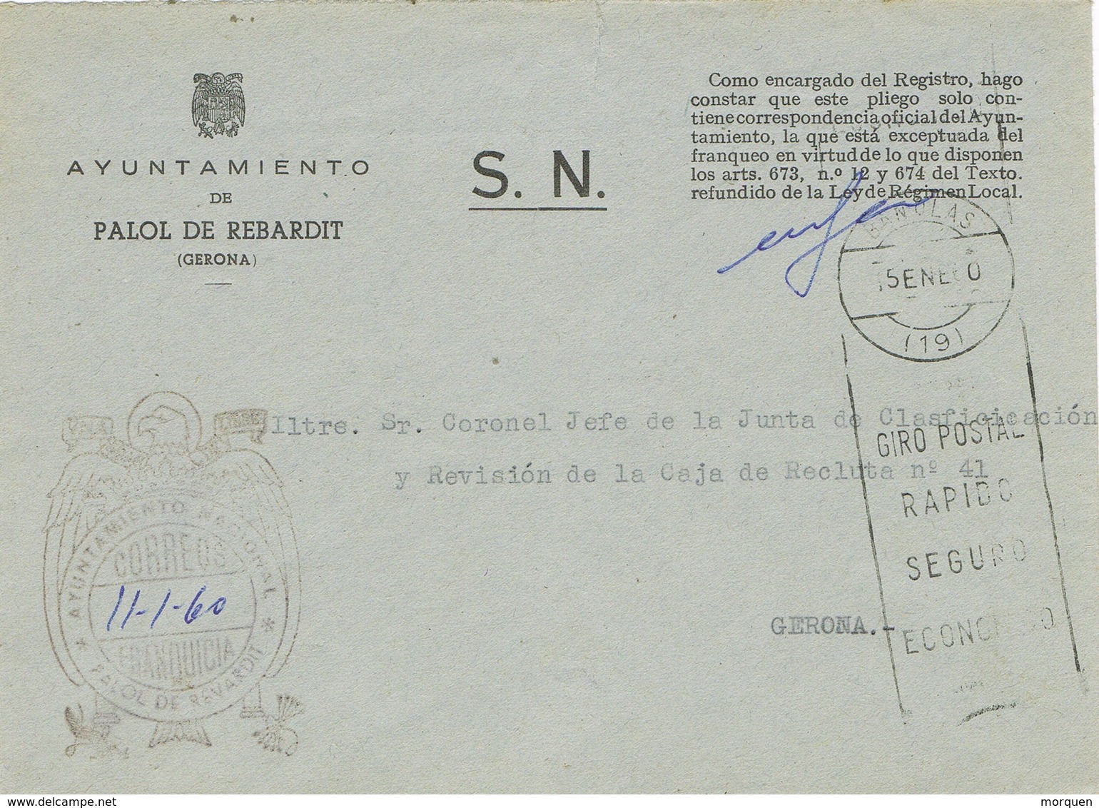 34927. Carta S.N. Franquicia Ayuntamiento PALOL De REBARDIT (Gerona) 1960, Fechador Bañolas - Cartas & Documentos
