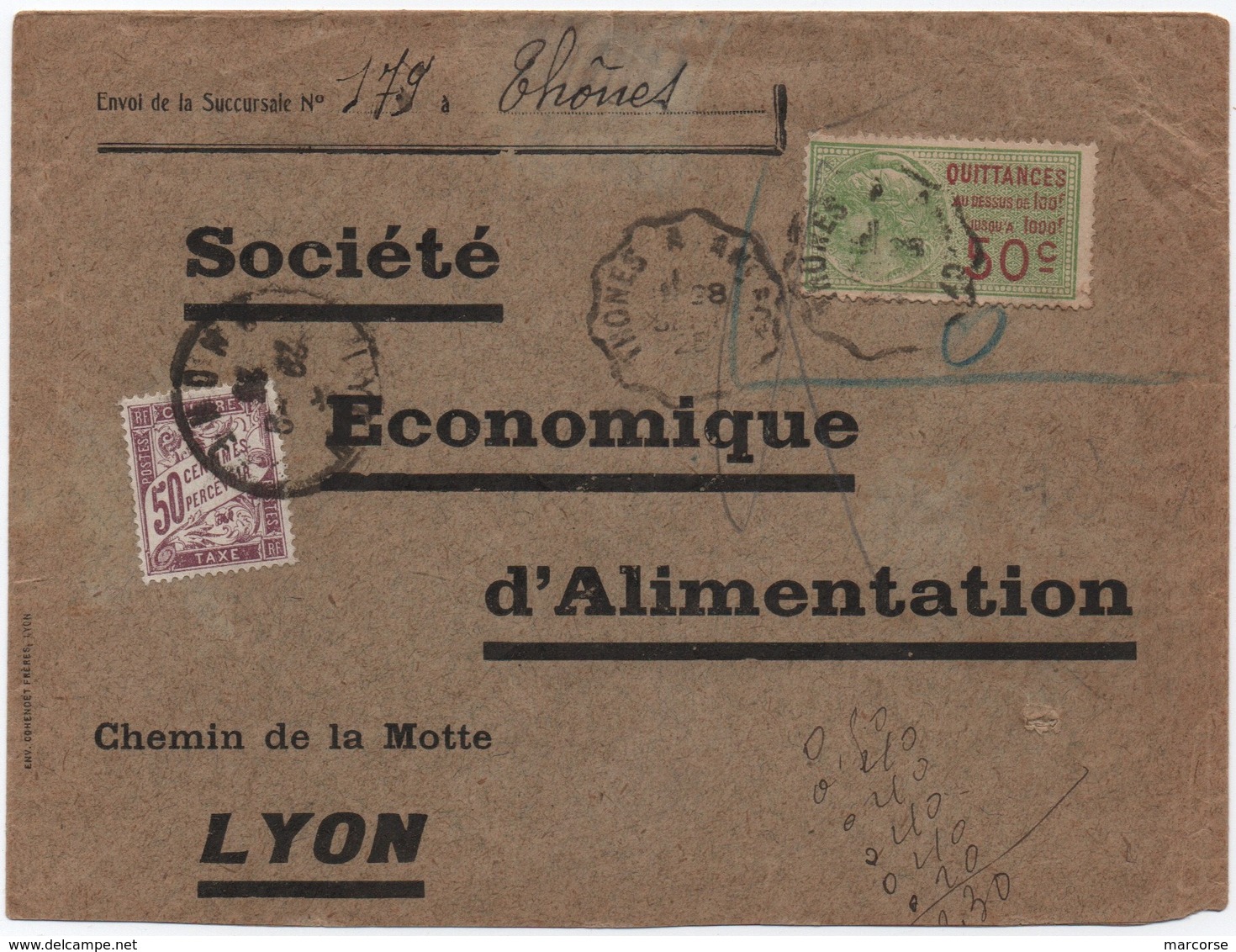 Timbre Fiscal Non Valable = O  Oblitération Cachet Convoyeur THONES à ANNECY 1925 TAXE Banderole 50c LYON Rhône - 1859-1959 Storia Postale