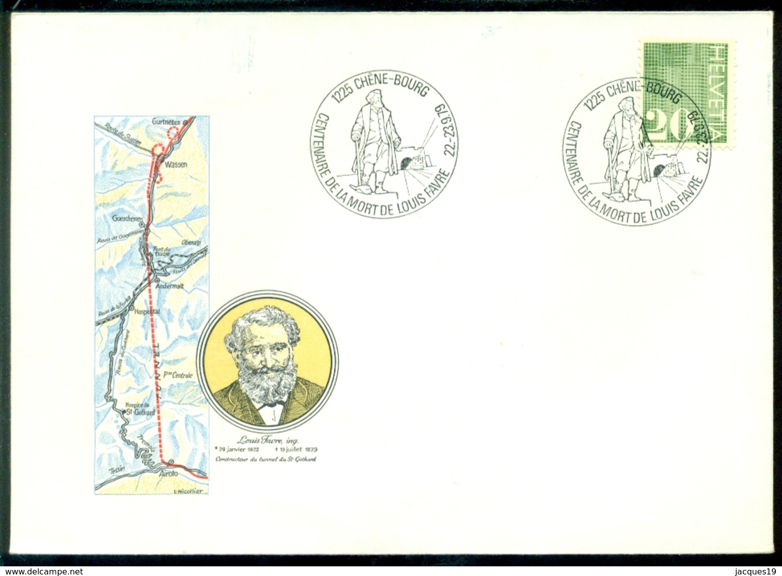 Schweiz 1979 Brief Mit Spezialstempel "Centenaire De La Mort De Louis Favre - Chêne-Bourg" - Storia Postale