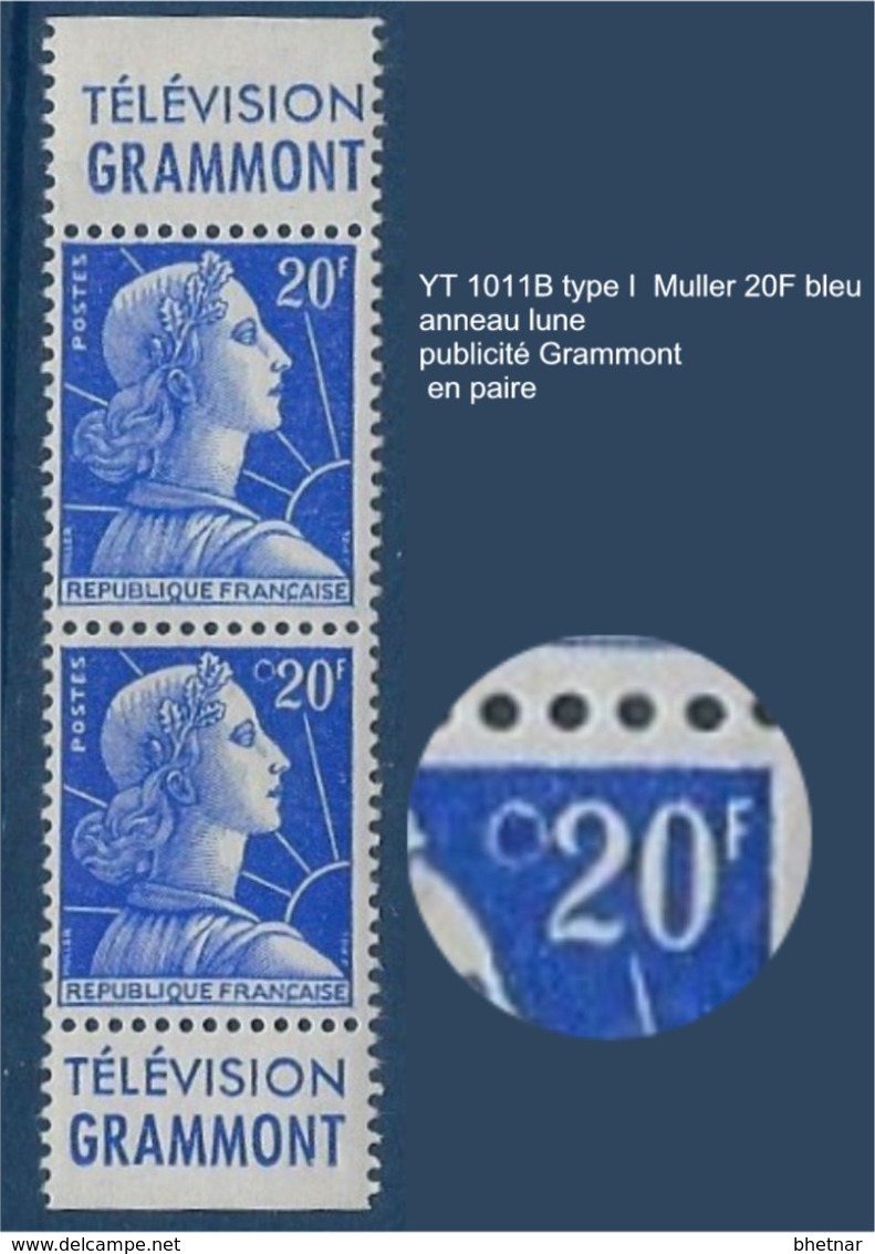 FR Variété YT 1011B Type I Paire " Muller 20F Bleu " Neuf** Anneau Lune + Publicité - Neufs