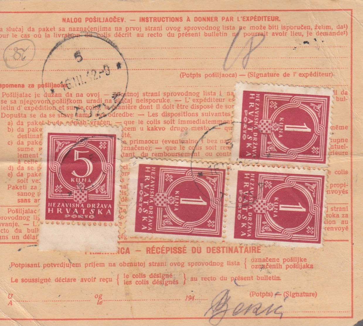 Croatia WWII NDH 1942 Parcel Card Zagreb - Tuzla, Mixed Franking, Postage Dues, Yugoslav For Hand Overwritten! - Croazia