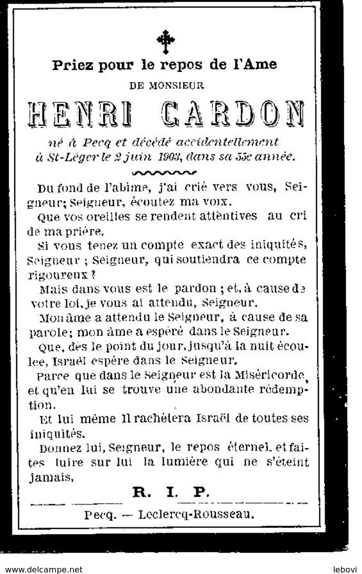 Souvenir Mortuaire CARDON Henri (1848-1903) Né à PECQ Mort à SAINT-LEGER (Ht) - Devotieprenten