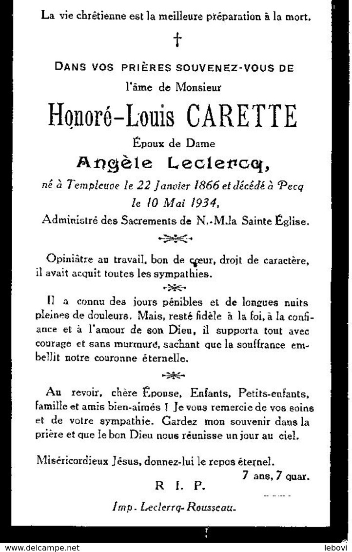 Souvenir Mortuaire CARETTE Honoré (1886-1934) Né à TEMPLEUVE Morte à PECQ - Images Religieuses