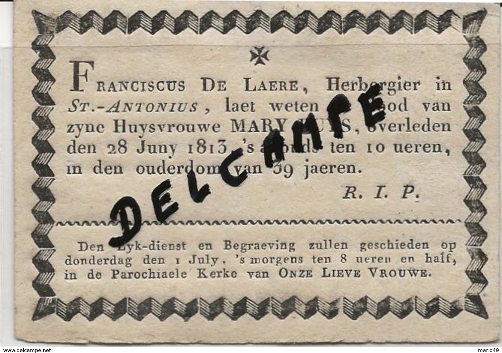 DP. OVERLIJDENSBERICHT BRUGGE -  MARY BUYS + 28 JUNY 1813 - 39 JAAR - Godsdienst & Esoterisme