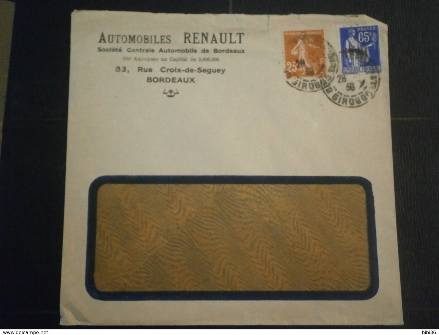 FRANCE SEMEUSE PAIX LETTRE ENVELOPPE COVER LETTER AUTOMOBILES AUTO AUTOMOBILE RENAULT BORDEAUX GIRONDE VEHICULE - 1921-1960: Période Moderne