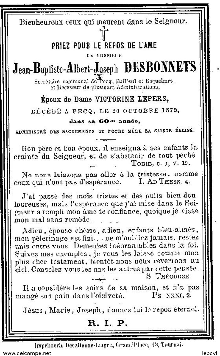 Souvenir Mortuaire DESBONNETS Jean (1815-1875) Mort à PECQ –Secrétaire Communal De Pecq, Bailleul & Esquelmes - Images Religieuses