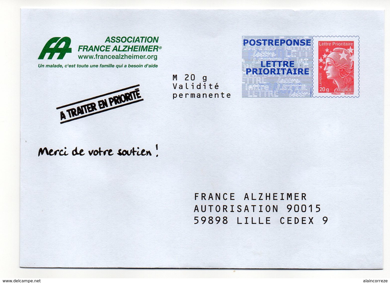 Entier Postal PAP POSTREPONSE NORD LILLE FRANCE ALZHEIMER - Prêts-à-poster:reply