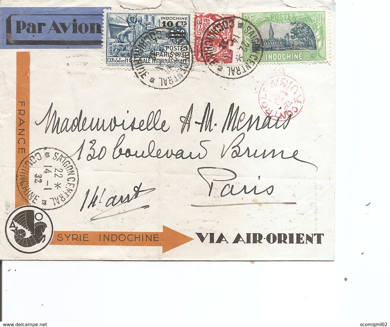 Indochine ( Lettre Par Avion De 1932 De Saigon Vers Paris à Voir) - Covers & Documents