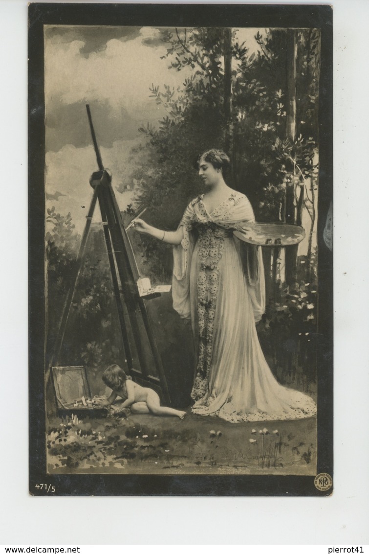 FEMMES - FRAU - LADY - Jolie Carte Fantaisie Portrait Femme Artiste Peintre Avec Chevalet Et Enfant Nu - Frauen