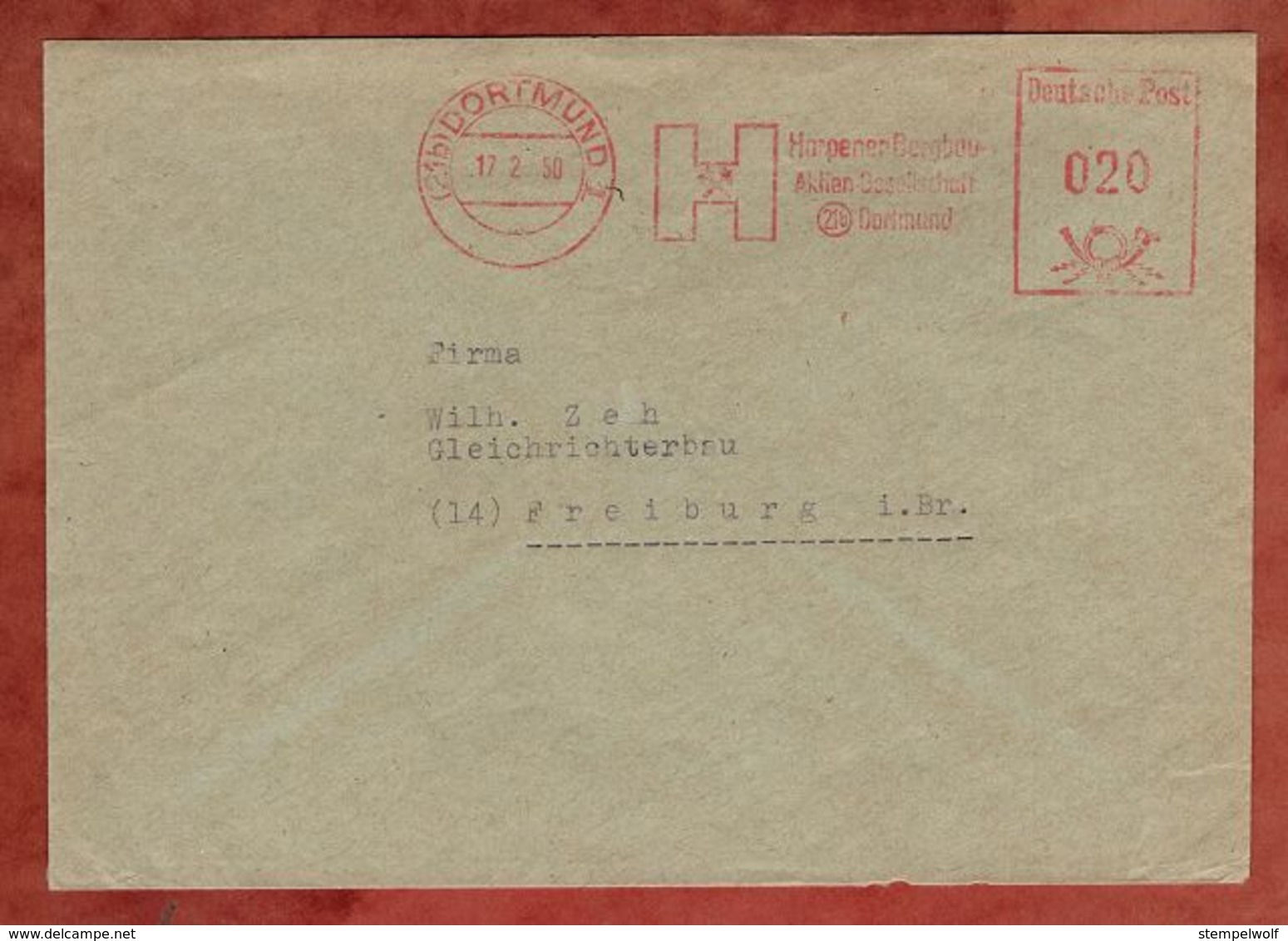 Brief, Absenderfreistempel, Harpener Bergbau, 20 Pfg, Dortmund 1950 (82904) - Briefe U. Dokumente