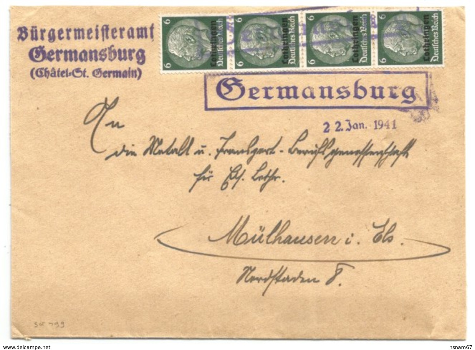 SK499 - GERMANSBURG - 22 Jan 1941 - CHATEL SAINT GERMAIN - Moselle - - Covers & Documents