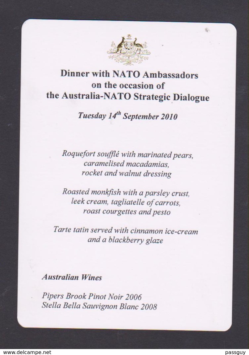 Official AUSTRALIAN Government Menu Card 2010   NATO - Documents Historiques