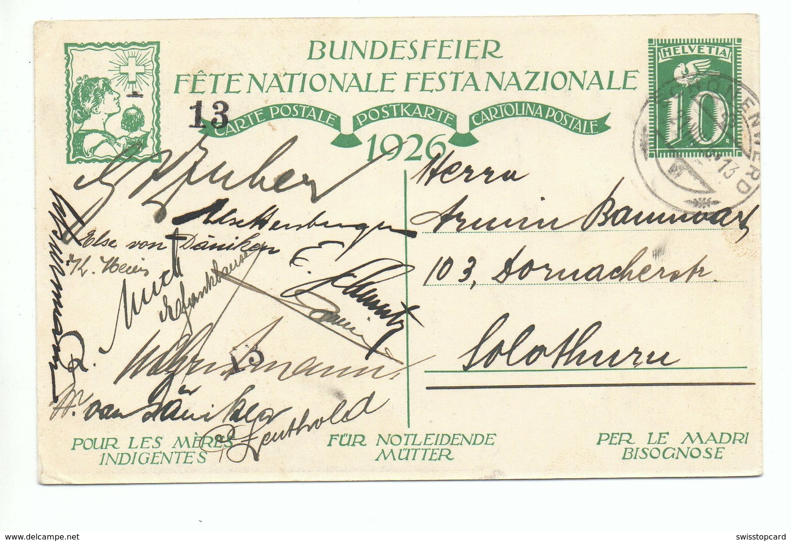 BUNDESFEIER Postkarte 1926 Gel. 1926 V. Schönenwerd N. Solothurn - Schönenwerd