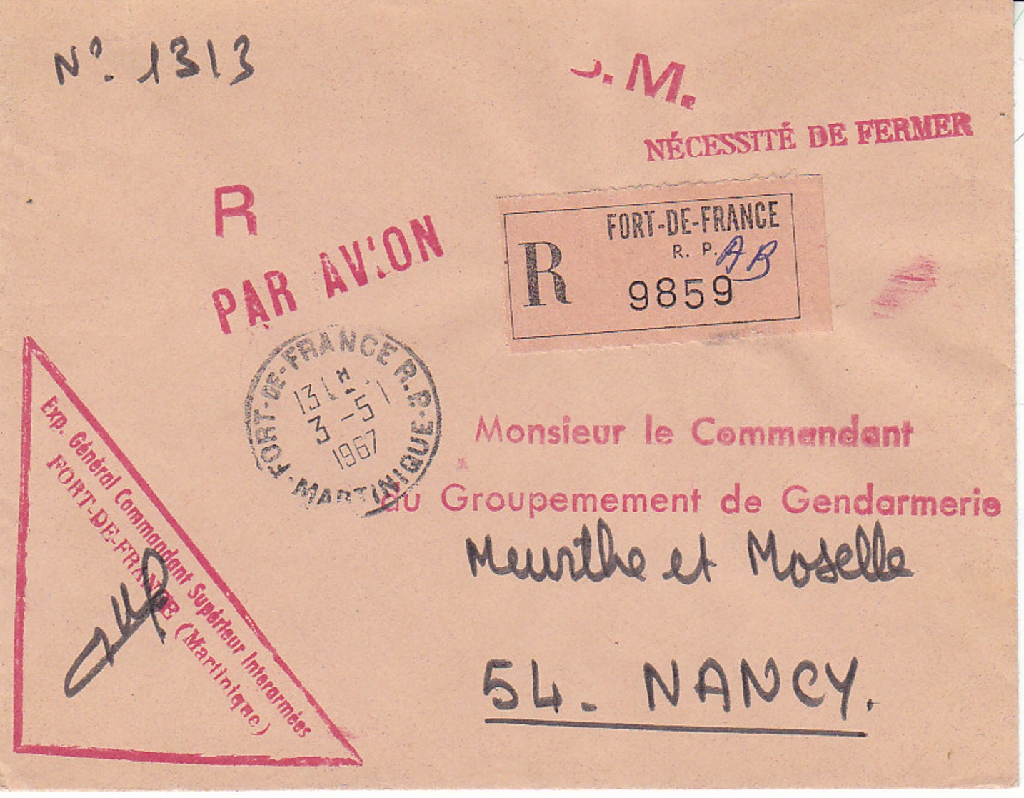 Le Général Commandant Interarmées ,recommandé De Fort De France ,1967 - Lettres & Documents