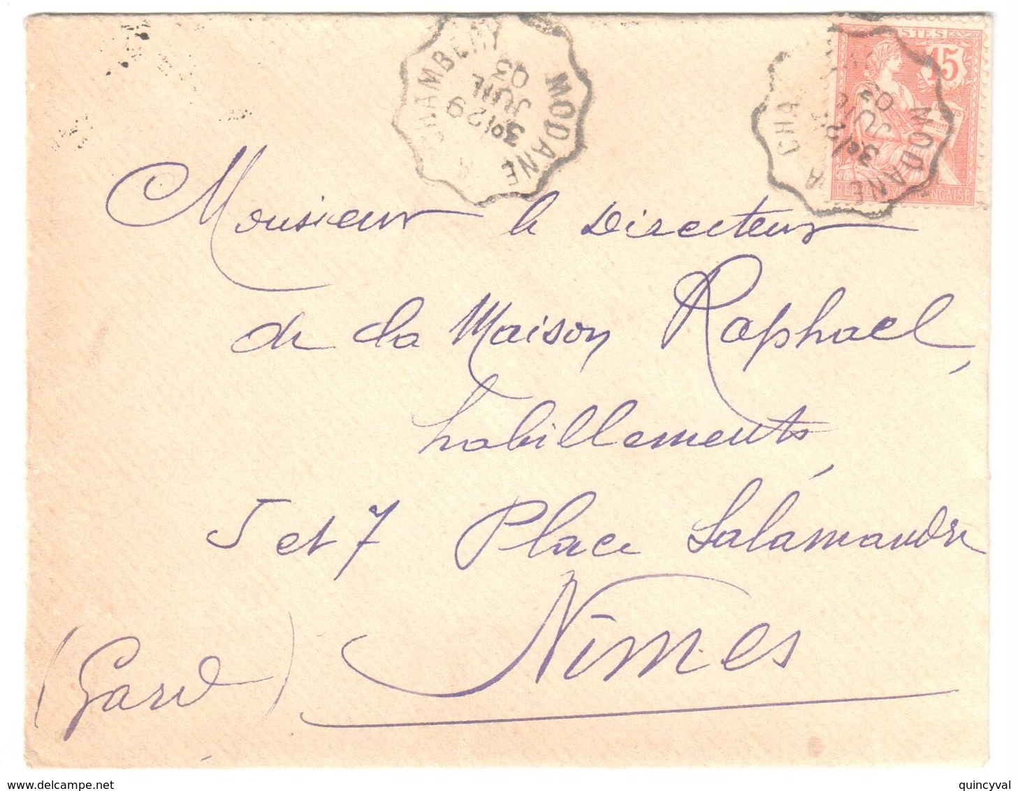 MODANE à CHAMBERY  Lettre Convoyeur Type 2 Ob 29/7/ 1903 15 C Mouchon Yv 125 - Railway Post