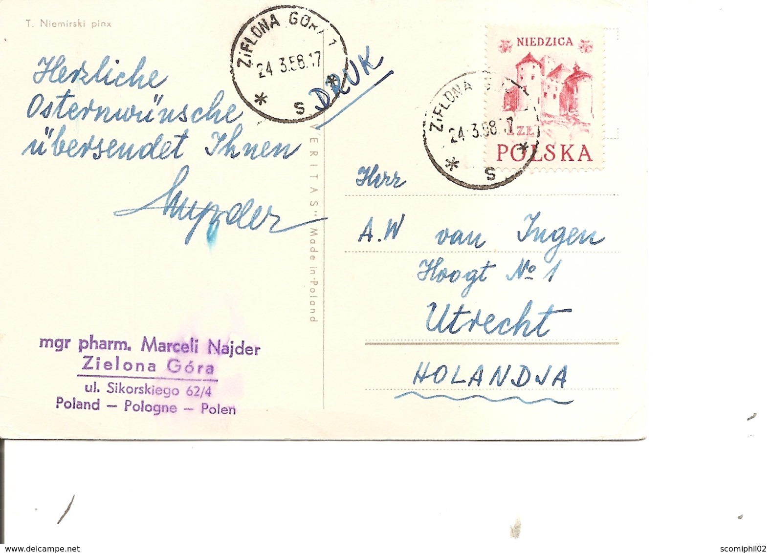 Pologne ( CP De 1958 De ZielonaGora Vers Les Pays-Bas à Voir) - Storia Postale