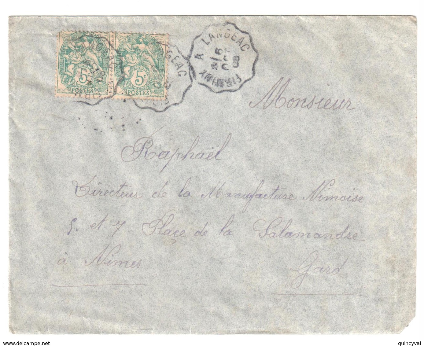 FIRMINY à LANGEAC Lettre Convoyeur Type 2 Ob 6/10/ 1908 5 C Blanc Yv 111 - Bahnpost