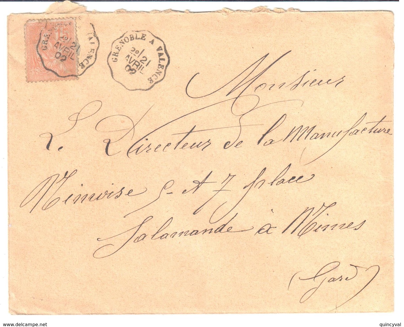 GRENOBLE à VALENCE Lettre Convoyeur Type 1 Ob 21/4/ 1902 15 C Mouchon Yv 117 - Railway Post