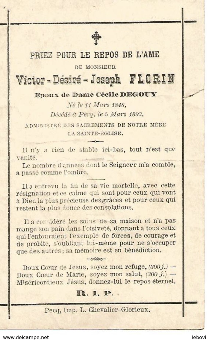 Souvenir Mortuaire FLORIN Victor (1848-1893) Mort à PECQ - Images Religieuses