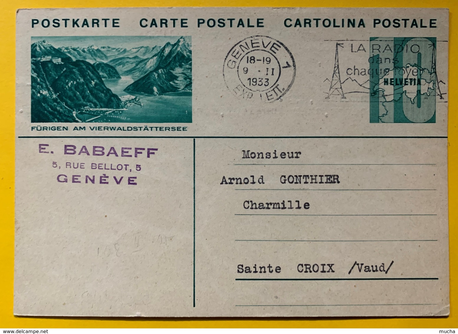 9603 - Entier Postal Illustration  Fürigen Am Vierwaldstättersee Genève 09.11.1933 - Interi Postali