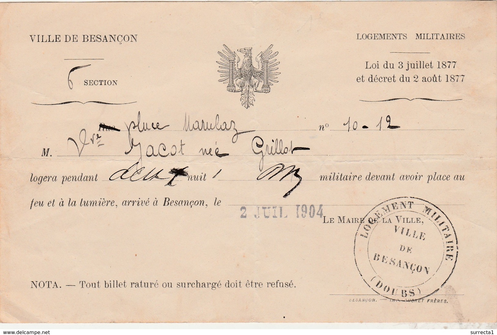 1904 / Logement Militaire / Droit Au Feu ( Foyer, Logement) Et à La Lumière / Ville De Besançon 25 Doubs - Documents