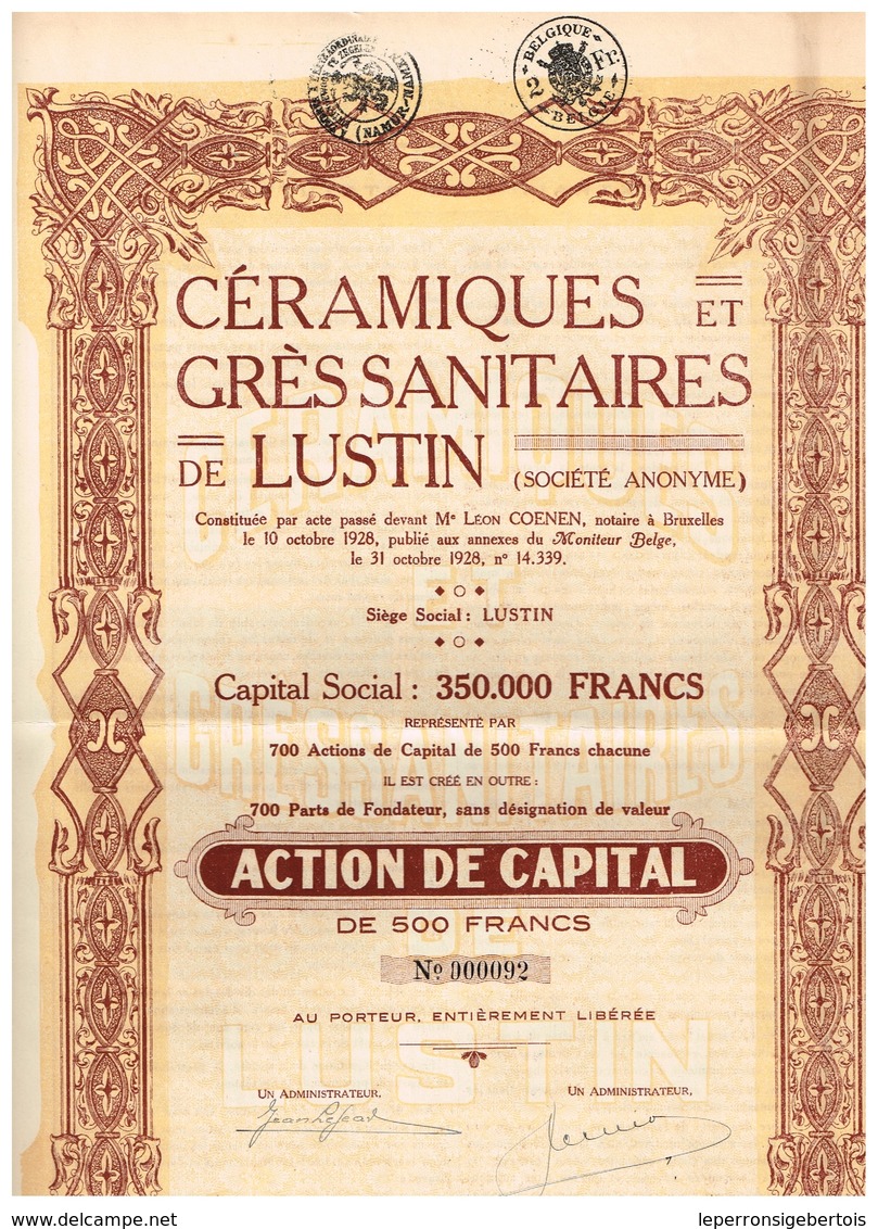 Titre Ancien - Céramiques Et Grès Sanitaires De Lustin - Société Anonyme -Titre De 1928 - - Industrie