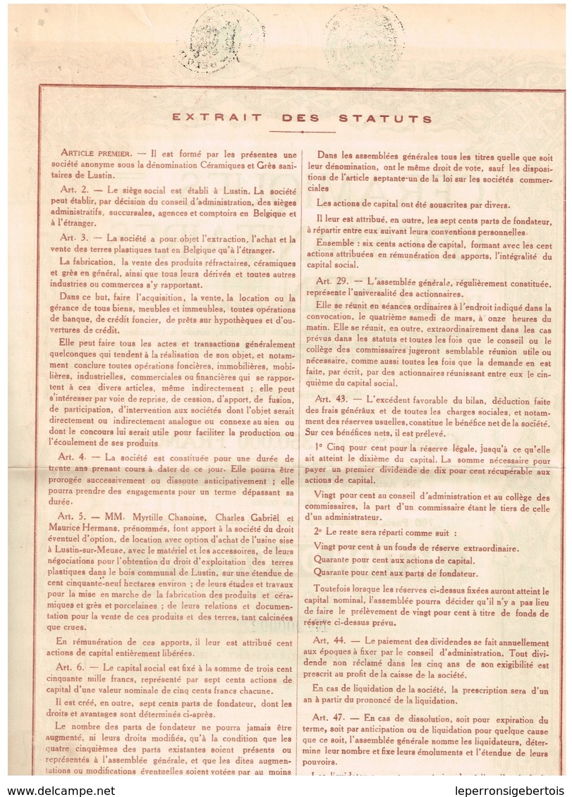 Titre Ancien - Céramiques Et Grès Sanitaires De Lustin - Société Anonyme -Titre De 1928 - - Industrie