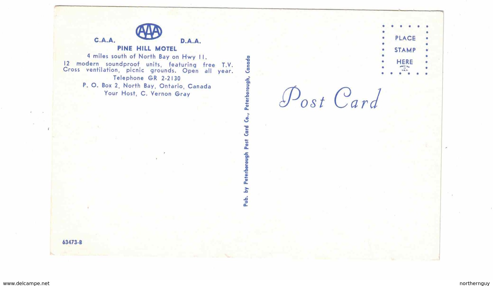 NORTH BAY, Ontario, Canada, Pine Hill Motel, Old Chrome Advertising Postcard, Nipissing County - North Bay