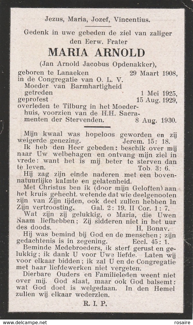 Frater Jan Arnold Jacobus Opdenakker-lanaeken 1908-tilburg 1930 - Images Religieuses