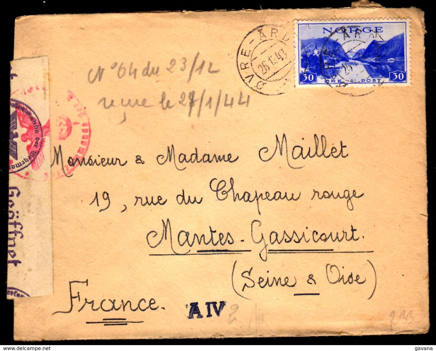 STO En Norvège - Censure Militaire - OVRE-ARDAL Du 26/12/43 - Lettres & Documents