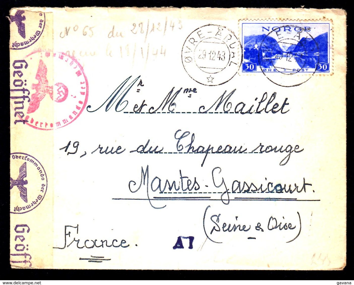 STO En Norvège - Censure Militaire - OVRE-ARDAL Du 29/12/43 - Lettres & Documents