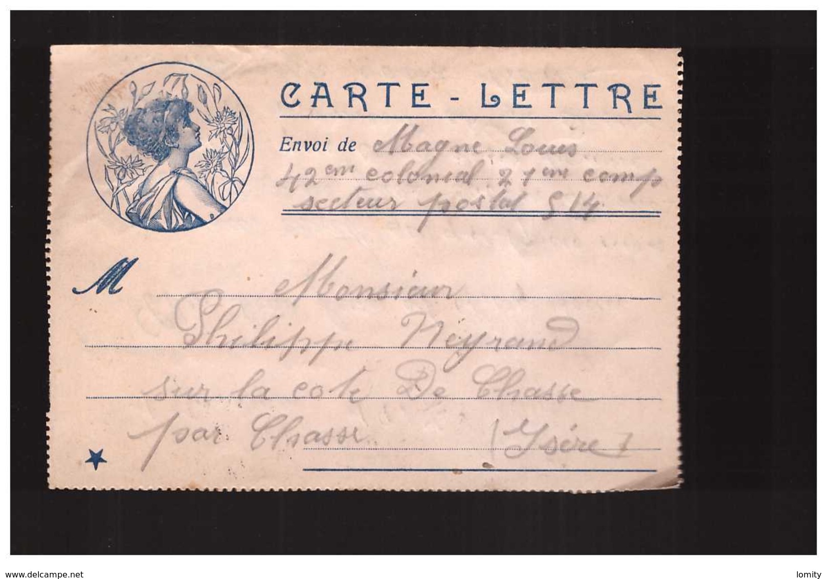 Guerre 1914 1918 Carte Lettre Femme En Médaillon Magne Louis 42eme Colonial Pour Chasse Isere - Guerre De 1914-18