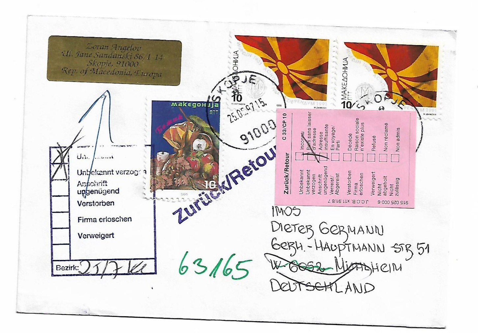 Macedonia FLAG Send To Germany And Return R - Nordmazedonien