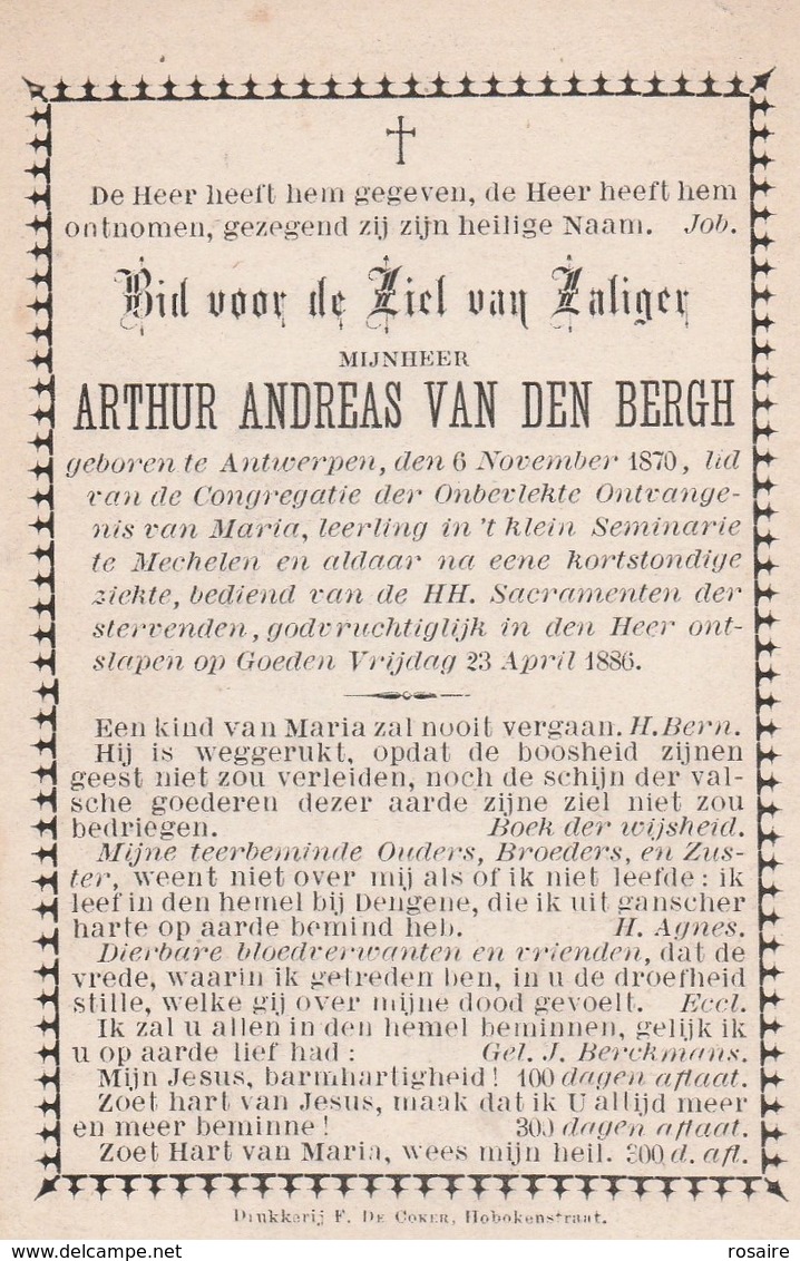 Leerling Seminarie Mechelen-arthur Andreas Van Den Bergh -antwerpen 1870-1886 - Images Religieuses