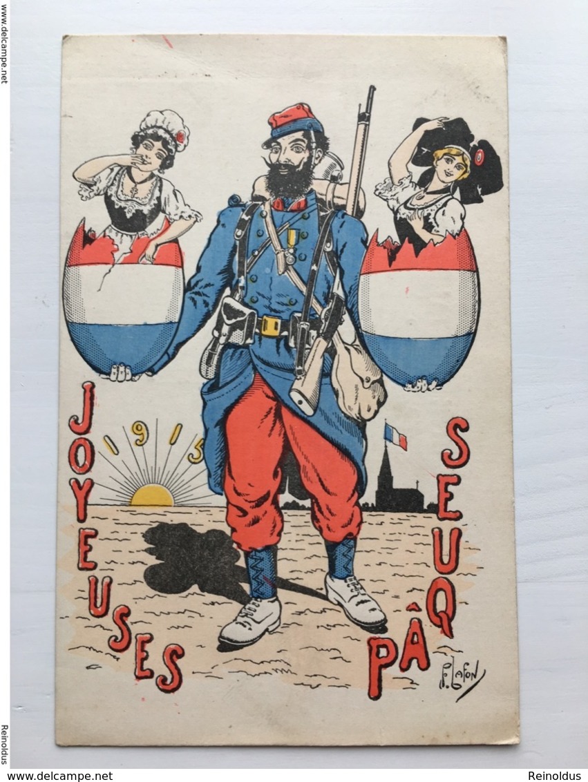 Ak Cp Joyeuses Paques Oeuf 1915 Poilu Soldat Artist Plafon? Lafon? - Weltkrieg 1914-18