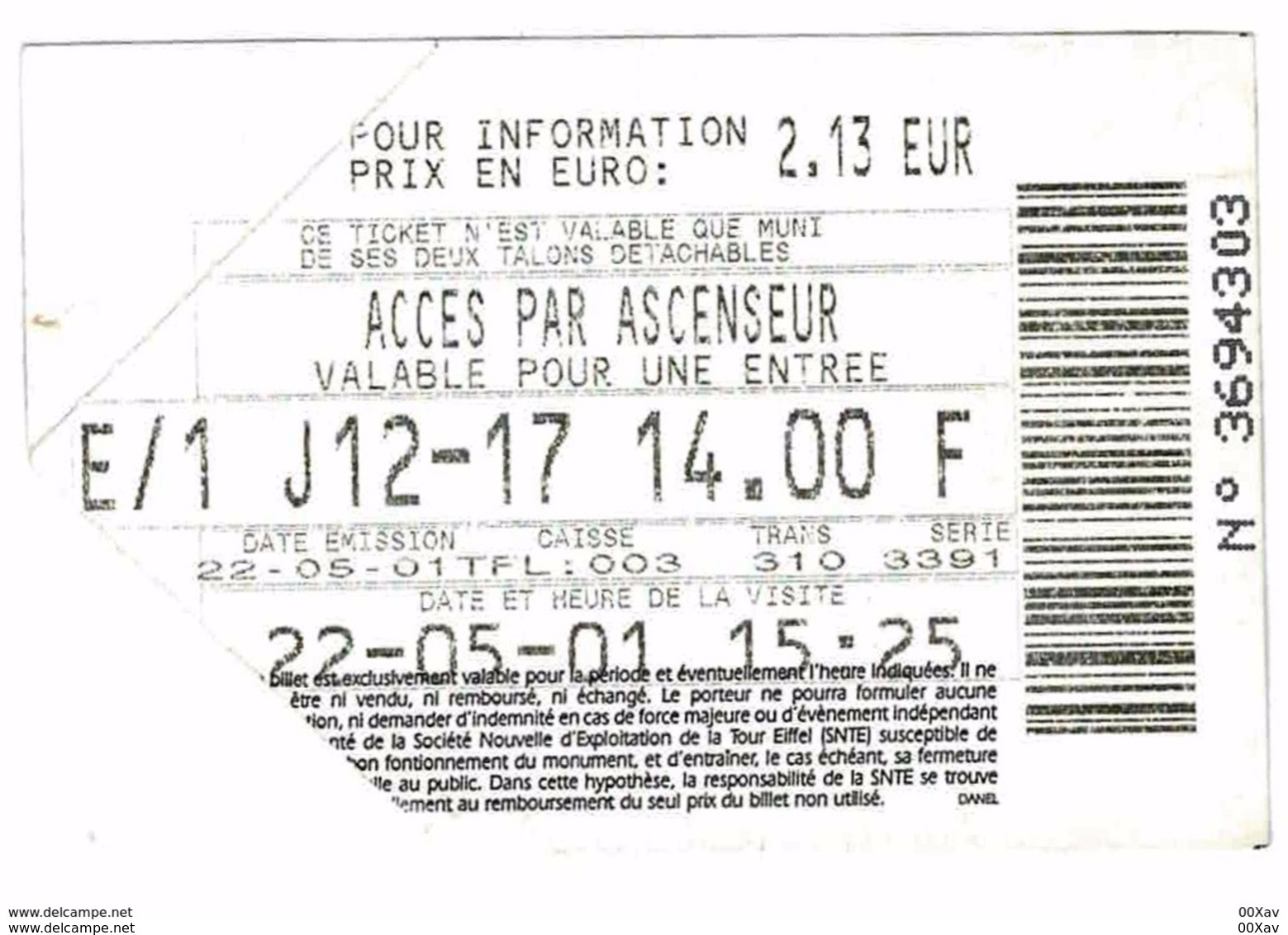 Ticket D'entrée PARIS - TOUR EIFFEL Par Ascenseur 2001 - Eintrittskarten