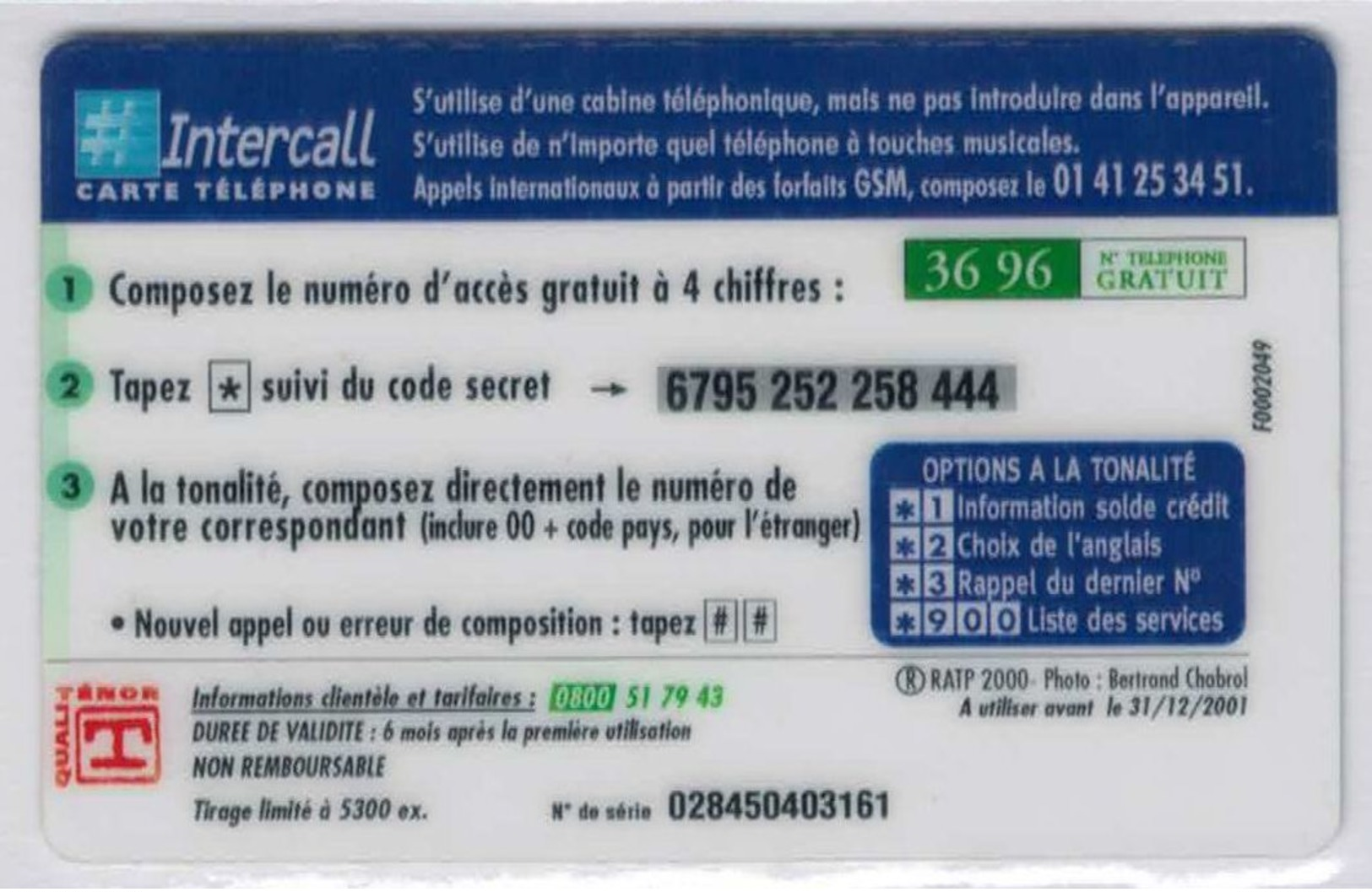 INTERCALL  - Metro Charles De Gaulle - 50 F - Tirage : 5.300 Ex - Code Gratté - Voir Scans - Andere & Zonder Classificatie