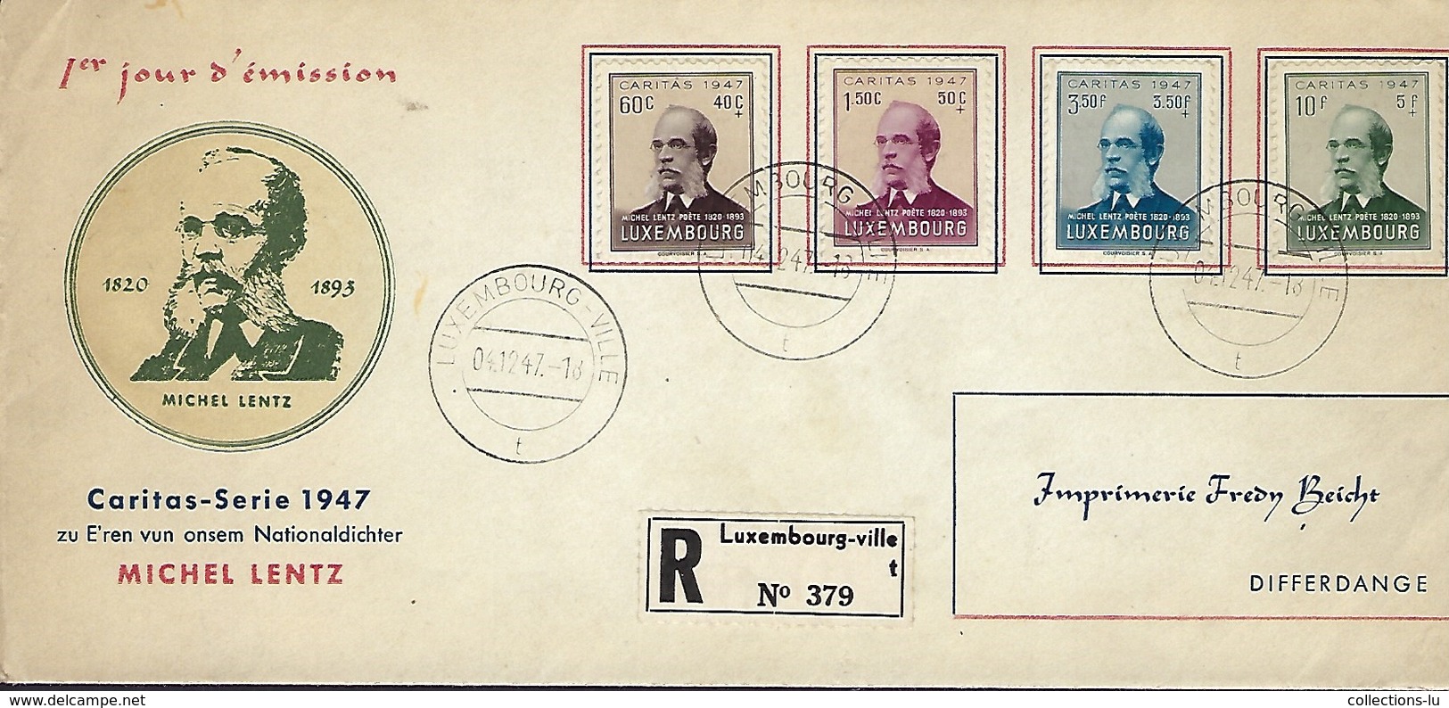 Luxembourg  -  FDC   4.12 1947   CARITAS-SERIE 1947  Lettre Recommandé - Imprimerie Fredy Beicht , Differdange - FDC