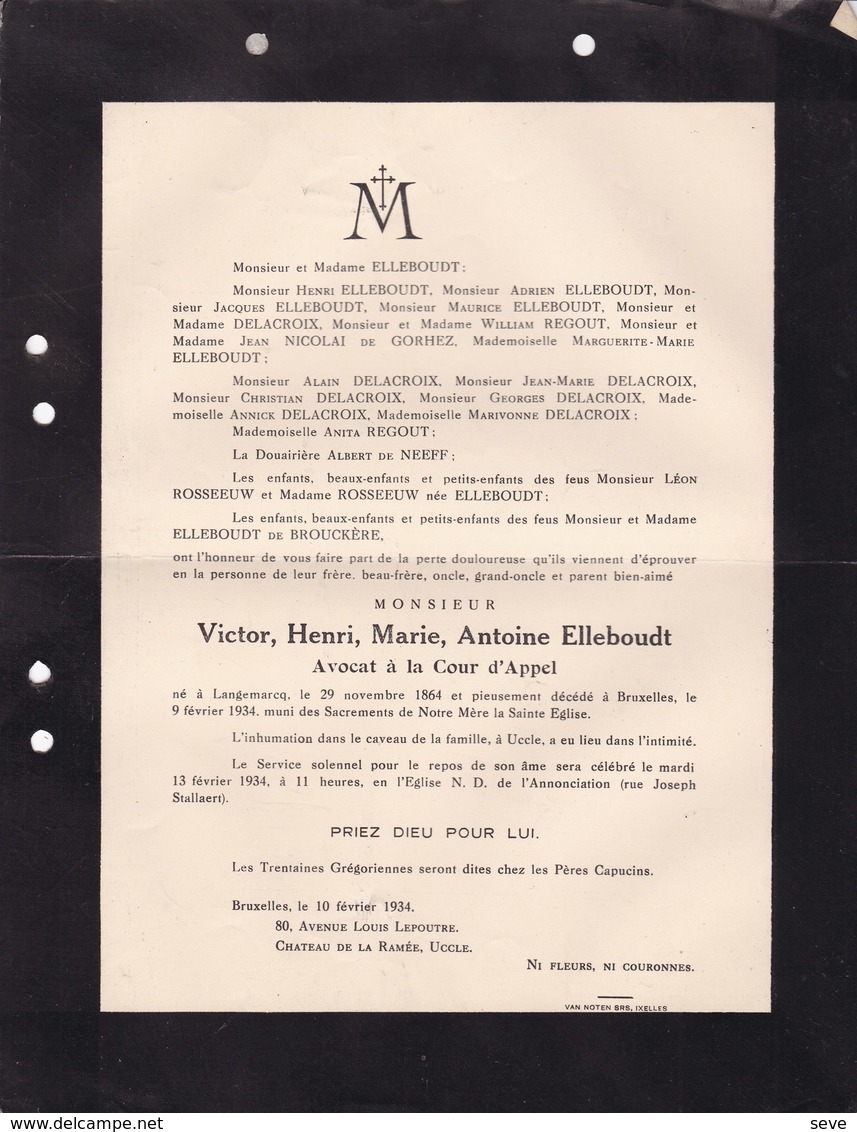 LANGEMARCQ UCCLE Victor ELLEBOUDT Avocat Cour D'Appel  1864-1934 DELACROIX REGOUT ROSSEEUW - Todesanzeige