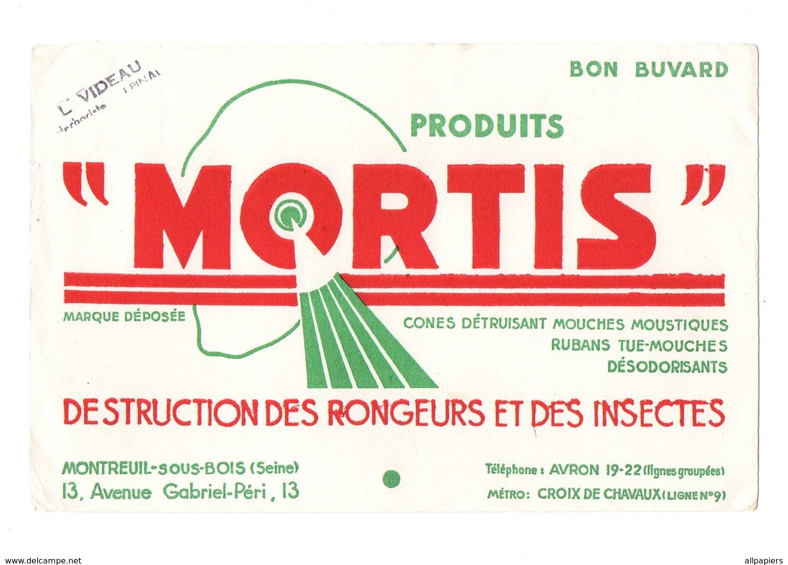 Buvard Produits Mortis Destruction Des Rongeurs Et Des Insectes - Produits Ménagers