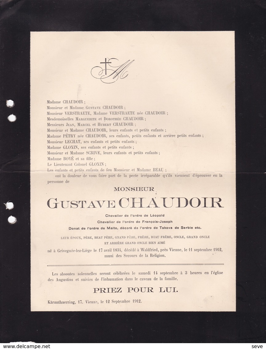 LIEGE VIENNE Industriel CHAUDOIR Gustave Grivegnée 1834 - Waldfried 1912 Famille VERSTRAETE LECHAT GLOXIN - Décès
