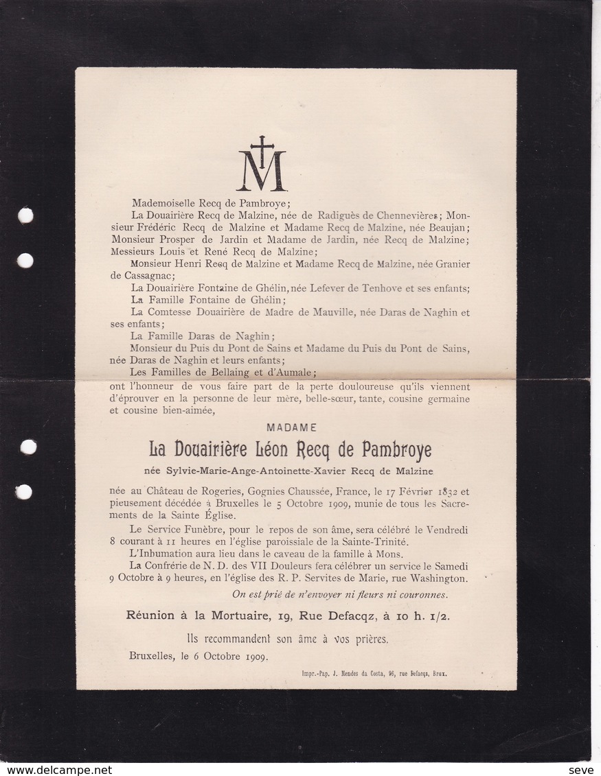 GOEGNIES-CHAUSSEE MONS Sylvie RECQ De MALZINE Veuve RECQ De PAMBROYE 1832-1909 De RARIGUES - Décès