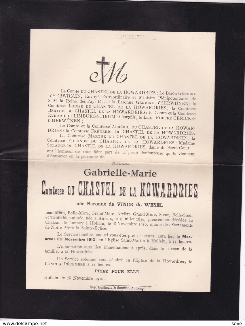 Château De LANNOY HOLLAIN Gabrielle De VINCK De WESEL Comtesse Du CHASTEL De La HOWARDRIES 1836-1910 - Décès
