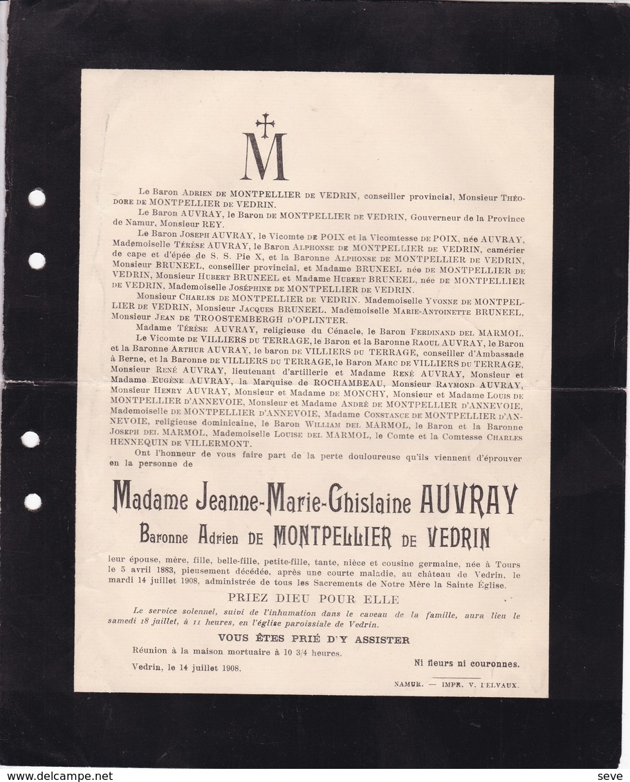 Château De Vedrin Jeanne AUVRAY Baronne De MONTPELLIER Née à Tours 1883 - Vedrin 1908 - Décès