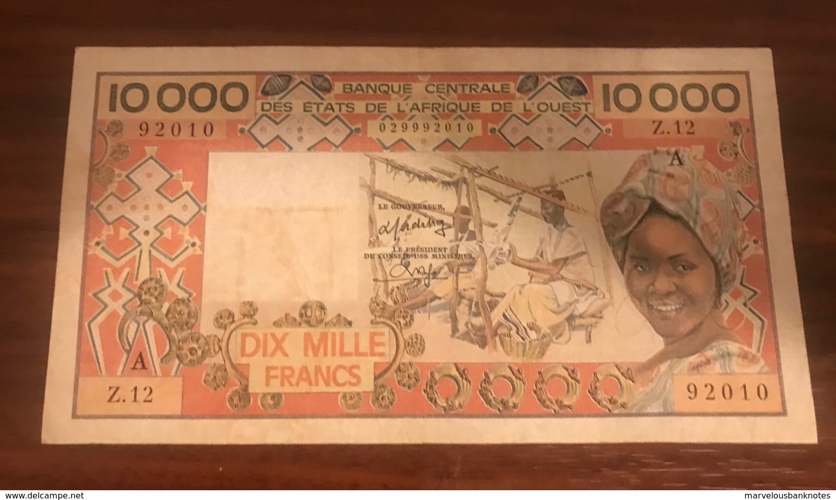 West African State 10000 Francs CFA (Ivory Coast: Letter A) VF 1977 - West African States