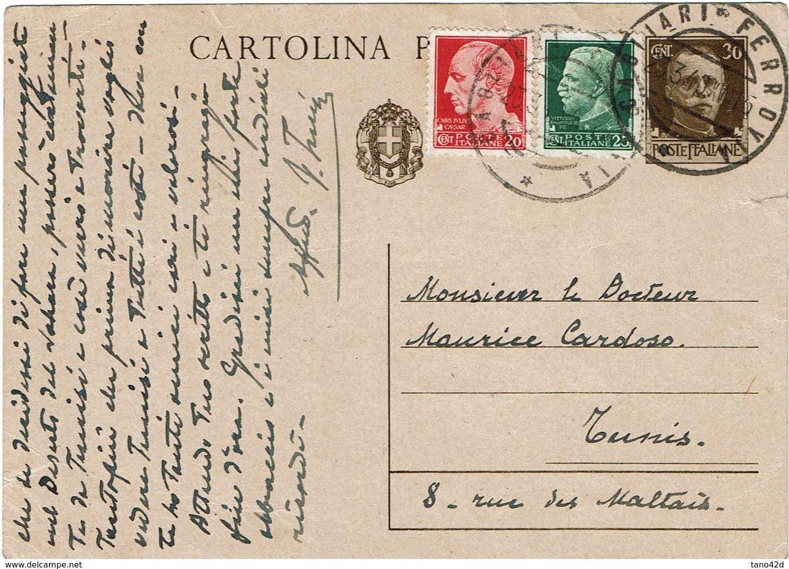 LCTN59/LE/5 - ITALIE EP CP TARIF ETRANGER CAGLIARI / TUNIS 23/3/1940 - Stamped Stationery