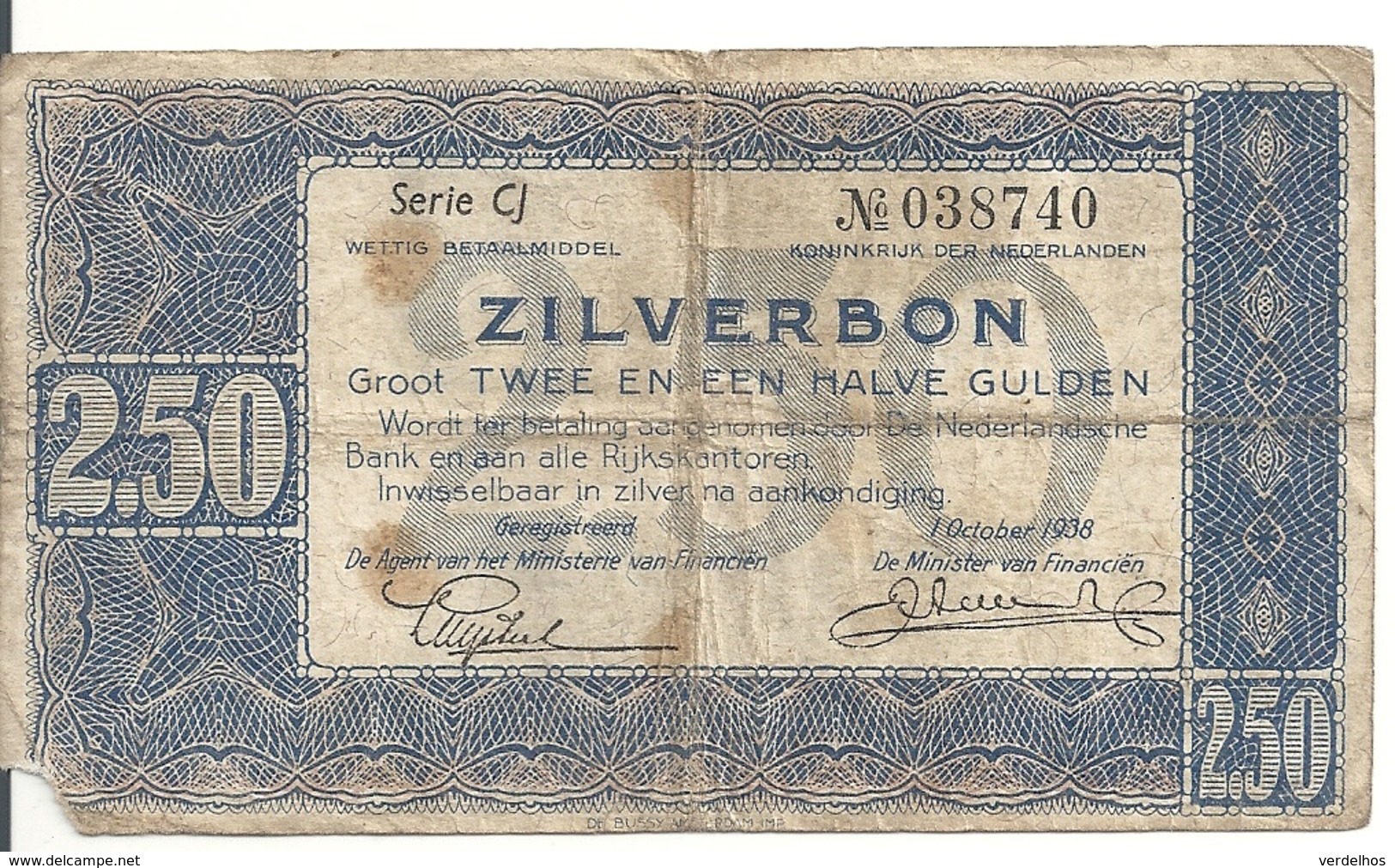 PAYS-BAS 2.50 GULDEN 1938 VG P 62 - 2 1/2 Gulden