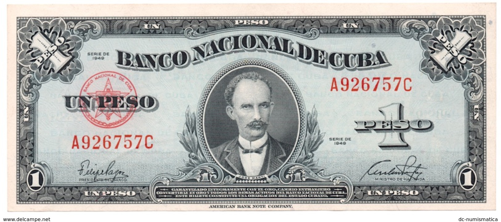 1 PESO 1949 AÑO ESCASO BANCO NACIONAL UNCIRCULATED - Cuba