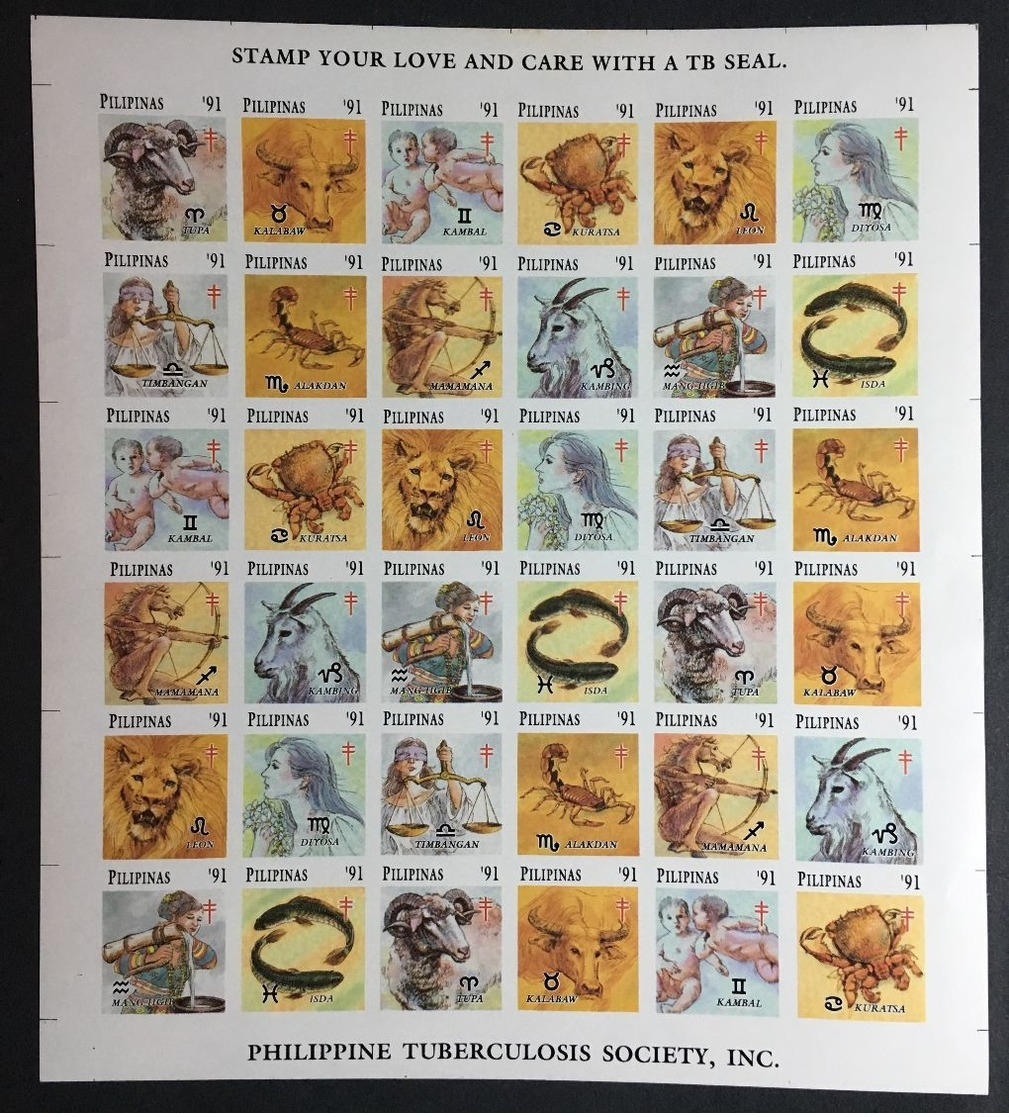 MNH Philippines 1991 - TB Seals, Zodiac Signs - Astrología