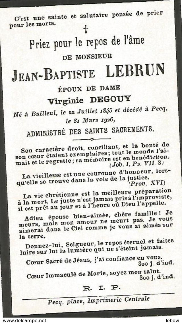 Souvenir Mortuaire LEBRUN Jean-Baptiste (1845-1926) Né à BAILLEUL Mort à PECQ - Devotion Images